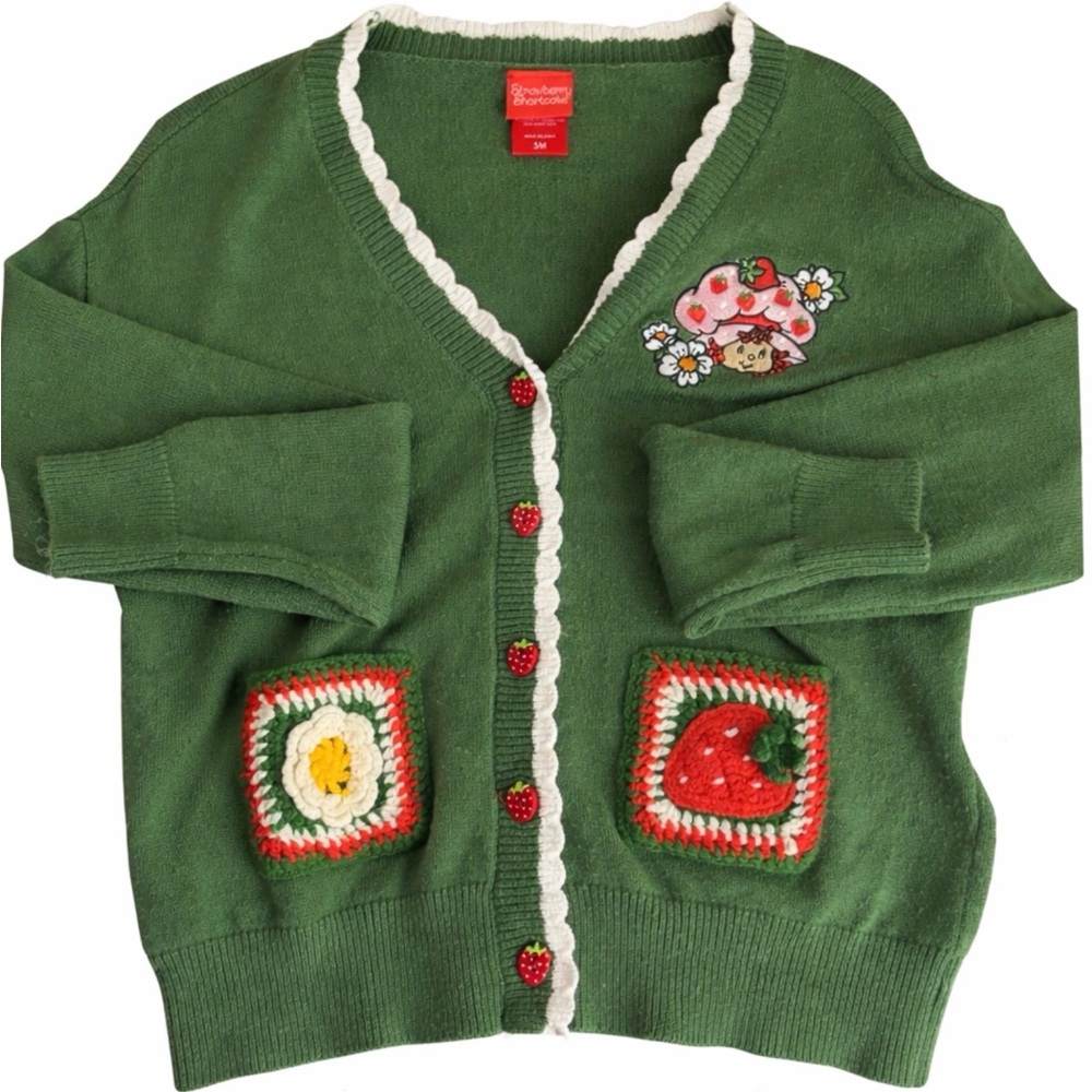 Strawberry Shortcake Green Knit Cardigan with Crocheted Pocket Appliqués
